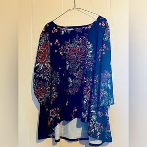 ZAC AND RACH Top Women 2x Black‎ Floral Hi Low Flowy Tunic Long Sleeve Stretch